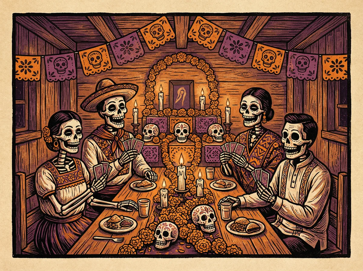 开元棋牌亡灵节与棋牌古老仪式插画